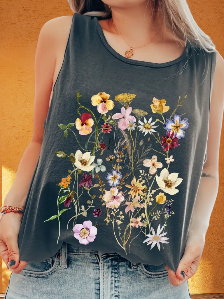 Pressed Flowers Scoop Neck Tank Front View on Model