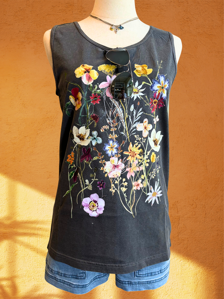 Pressed Flowers Scoop Neck Tank Front View on Form, Untucked 