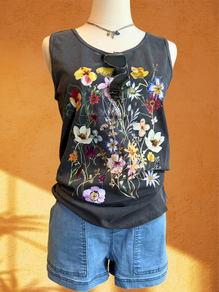 Pressed Flowers Scoop Neck Tank Front View on Form 