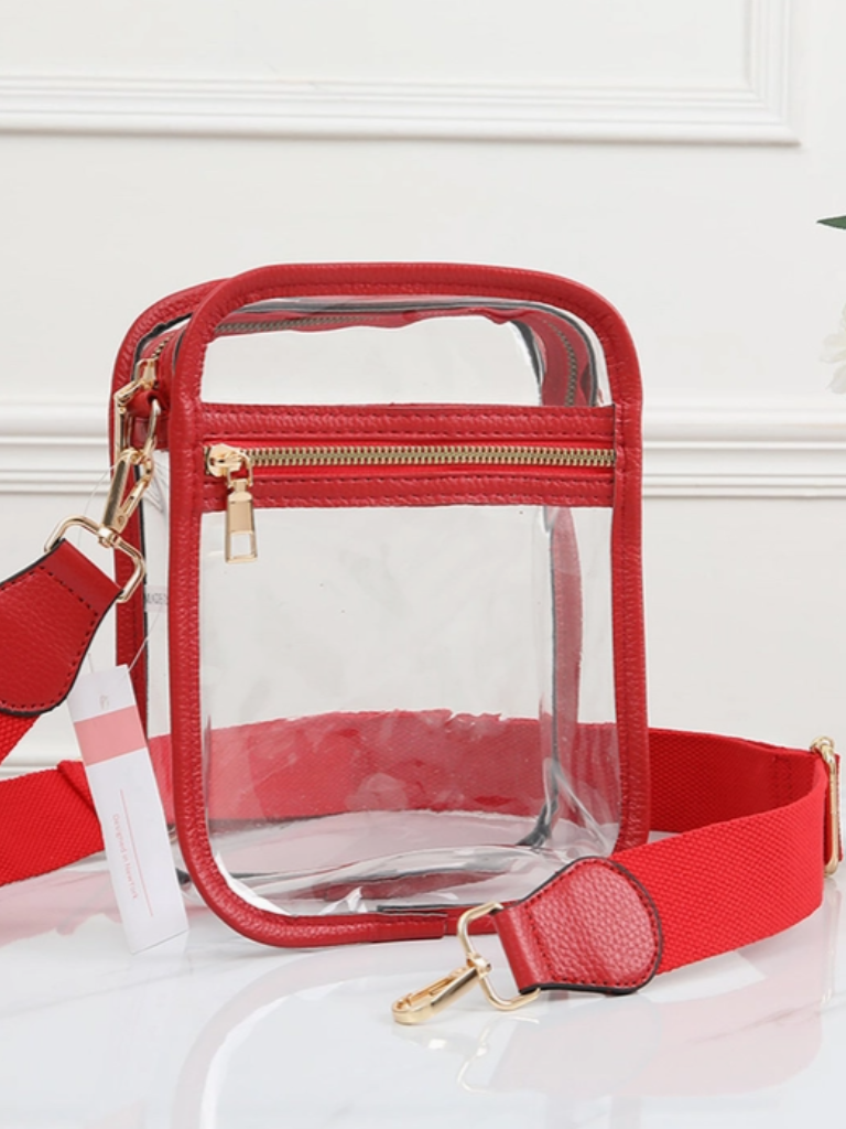 Red Clear Bag with Strap Attached, Front View Shows Zipper Pocket