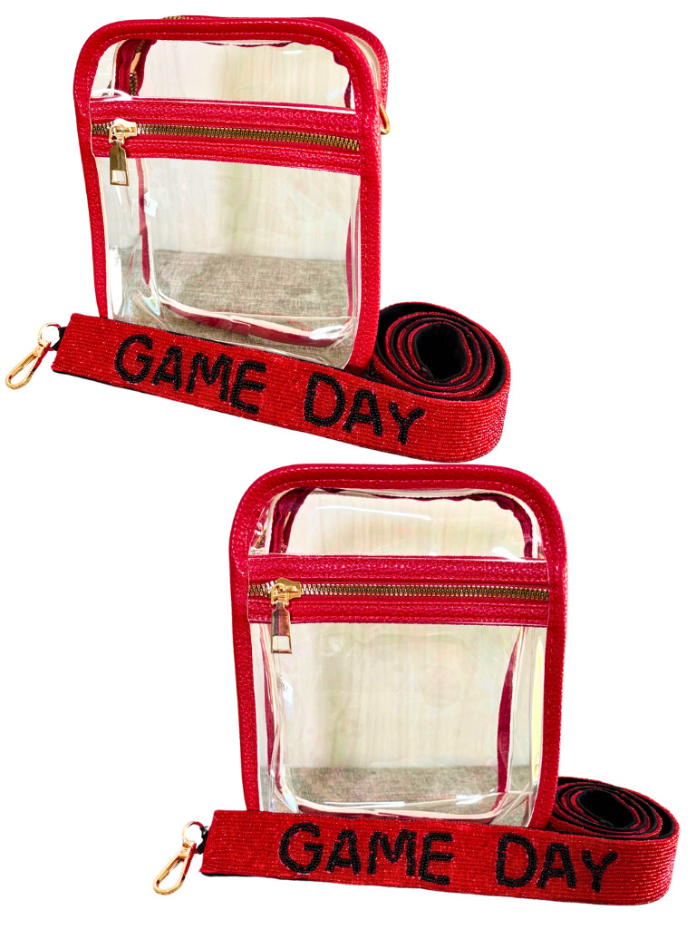 Red and Black 'GameDay' Seed Bead Removable Purse Strap, shown on a Clear Stadium Approved Bag with Red Trim, 2 views.