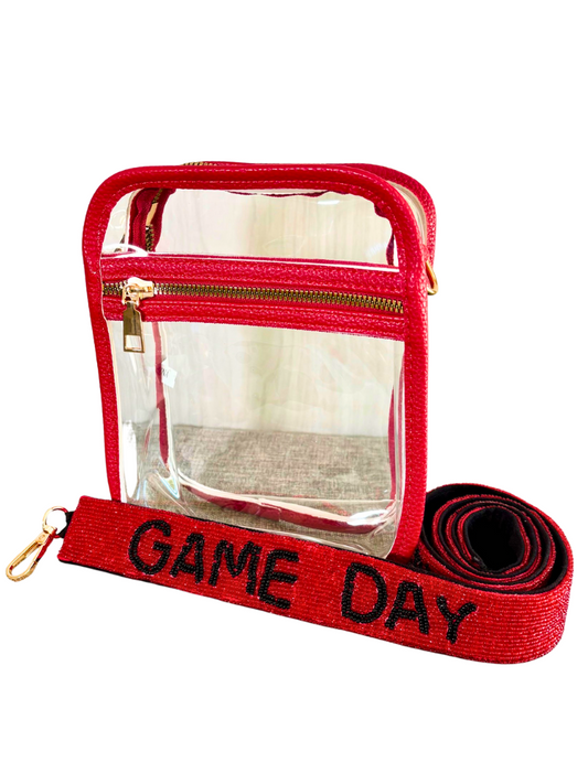 Red and Black 'GameDay' Seed Bead Removable Purse Strap, shown on a Clear Stadium Approved Bag with Red Trim