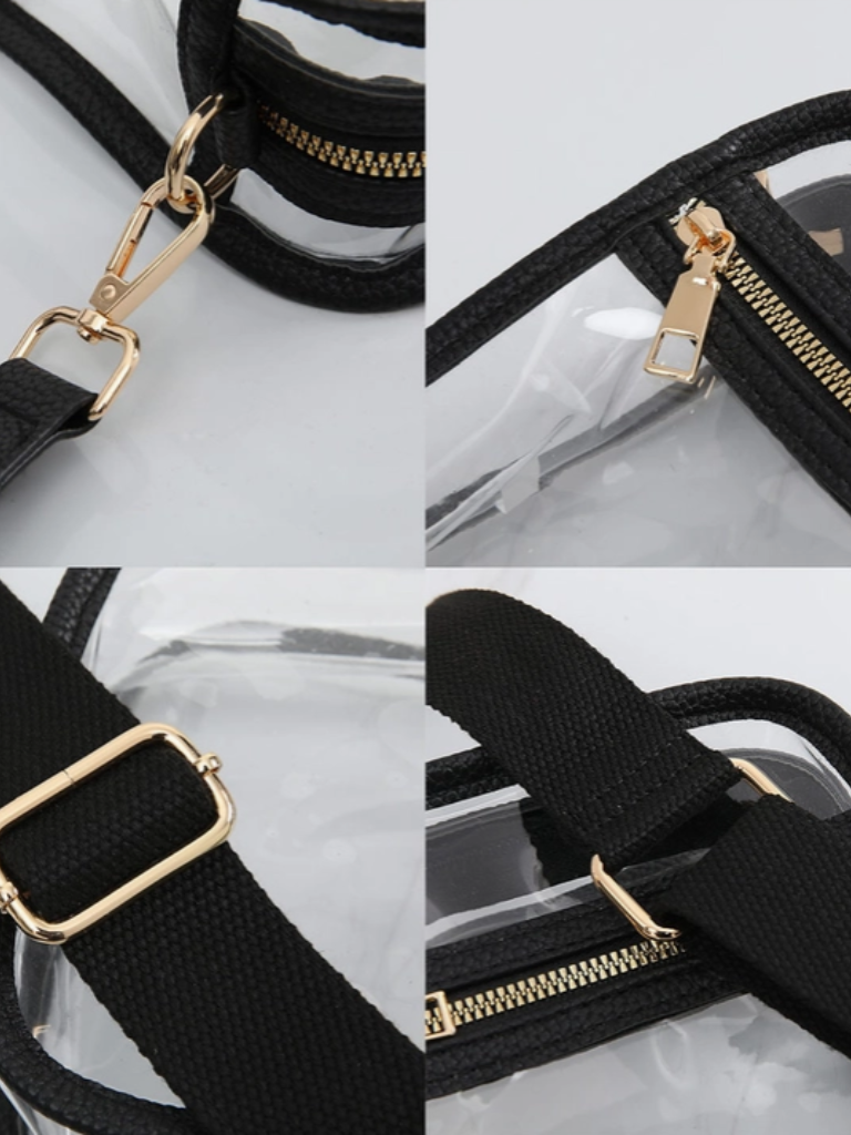 Clear Bags Multiple Close Up Views of Zippers and Straps
