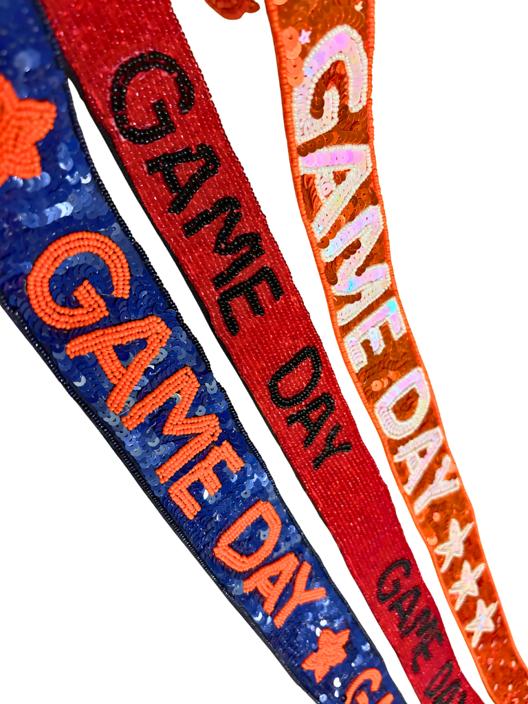 Removable Purse Straps, Sequins and Seed Beads, 3 Different Straps Close Up. All say 'Game Day', Blue with Orange, Red with Black, and Orange with White.
