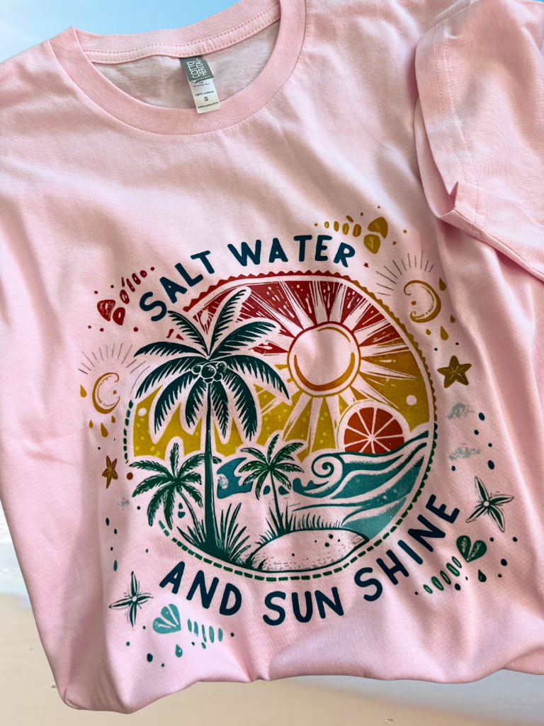 Salt Water and  Sun Shine Tee Flat Lay Close Up