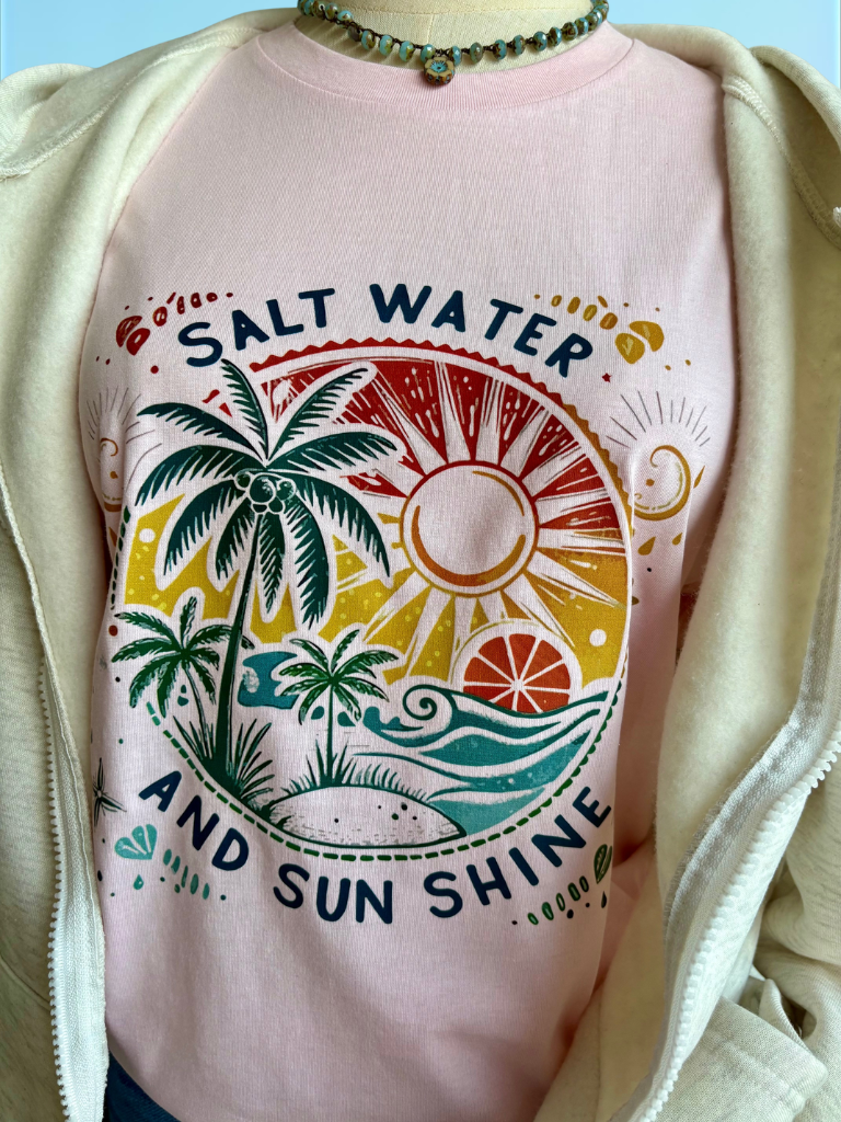 Salt Water and Sun Shine Tee with Coastal Blooms Hoodie Close Up