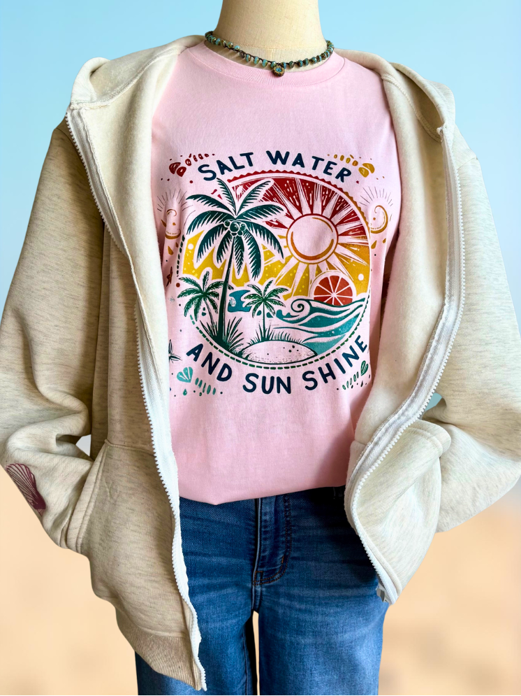 Mannequin wearing Salty Water and Sun Shine graphic t-shirt paired with Coastal Blooms HIbiscus Embroidered Front Zip Hoodie with Jeans 