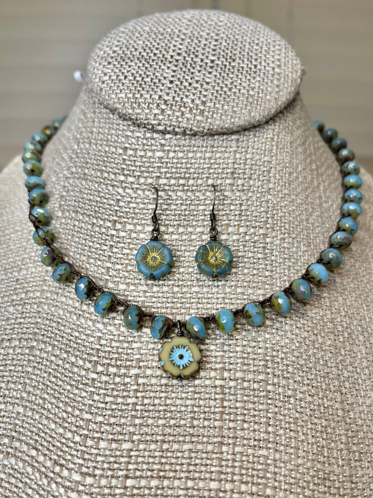 Dainty Denim Pressed Glass Flower Earrings - Shown with Sand and Sky Necklace