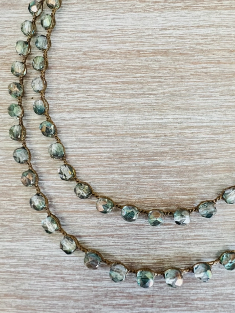 Sea Green and Grey Long Crystal Strand Necklace.