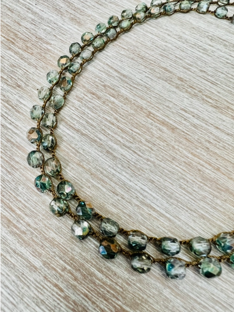 Sea Green and Grey Long Crystal Strand Necklace.