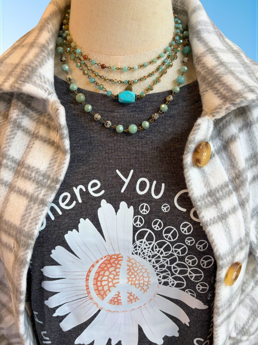 Selena Necklace with Be Kind Tee and Grey Plaid Shacket Close Up 