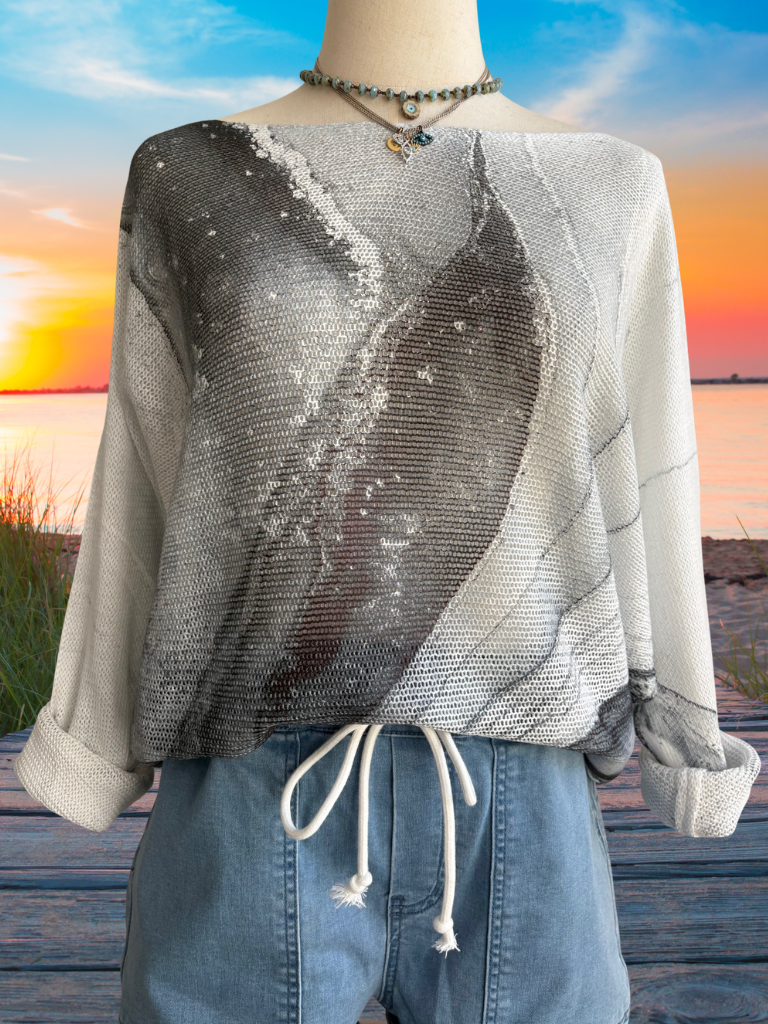 Shades of Grey Tie Dye, Round Neck, Loose Knit Ladies Sweater Closer Up, on Form, Front View, Same Shorts and Necklaces in the First Photo.