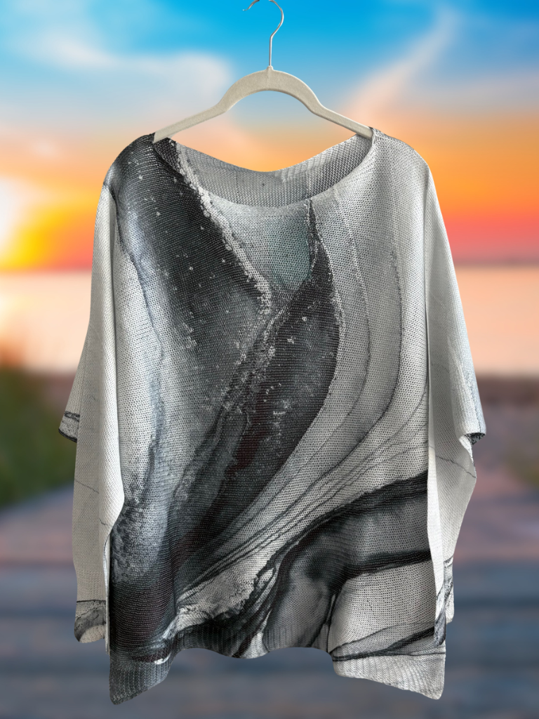 Shades of Grey Tie Dye, Round Neck, Loose Knit Ladies Sweater on a Hanger