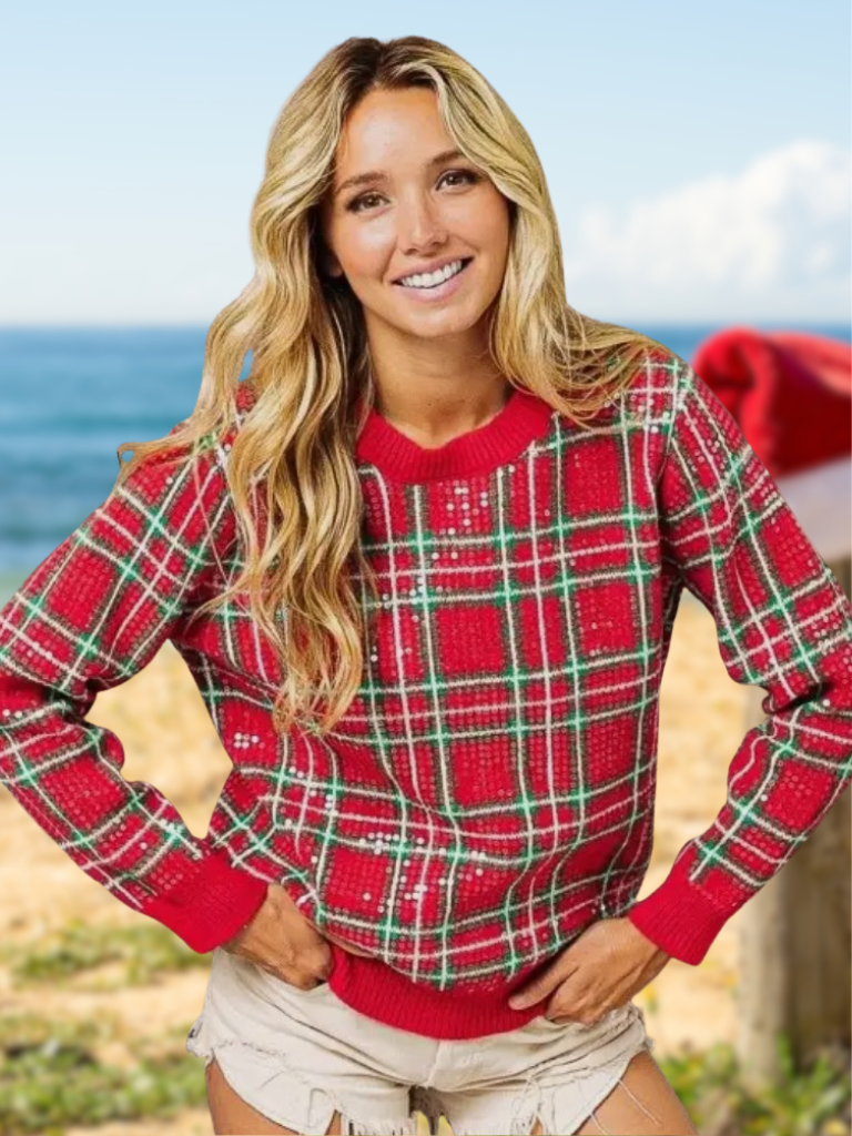 Shimmering Clear Sequin Holiday Plaid Sweater, Front View on Model