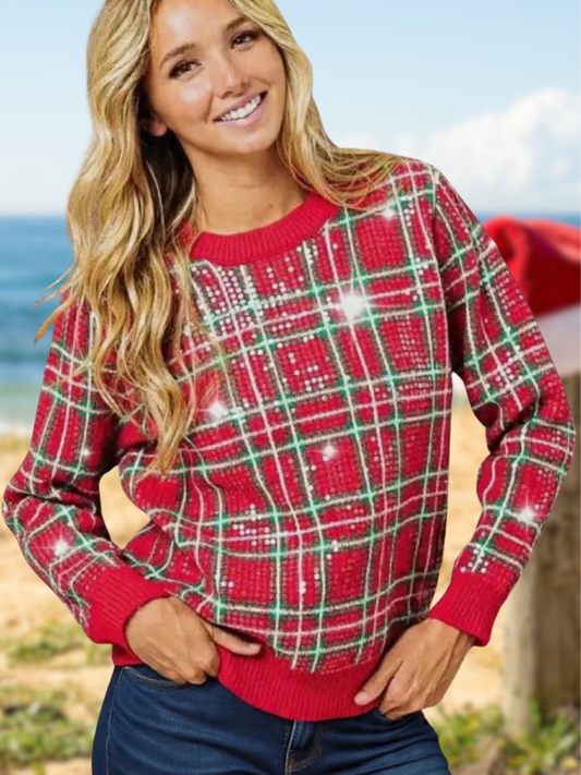 Shimmering Clear Sequin Holiday Plaid Sweater, Front View on Model