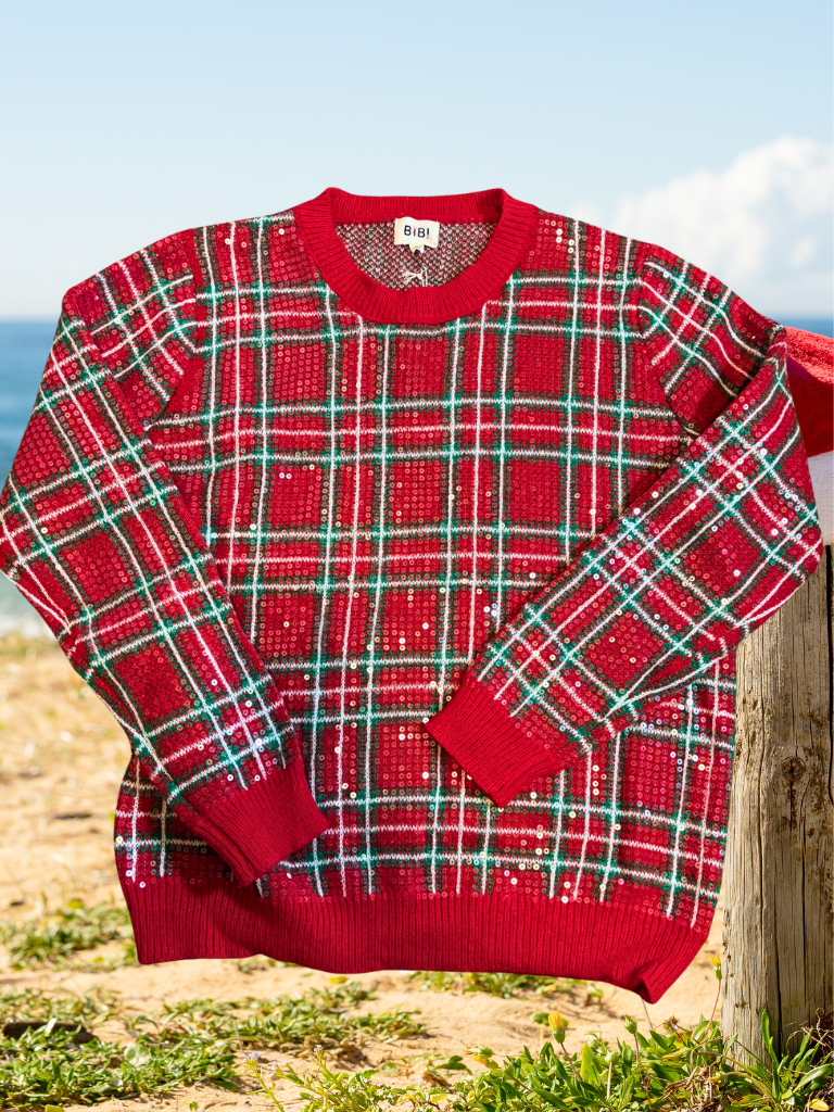 Shimmering Clear Sequin Holiday Plaid Sweater, Laid Flat Close Up of Sequins