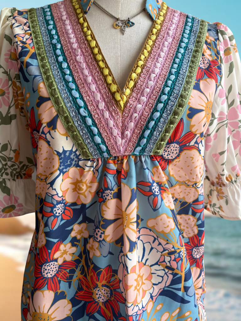 Sunset Bloom Crochet Trim Boho Blouse On form Close Up View of Crochet Detail