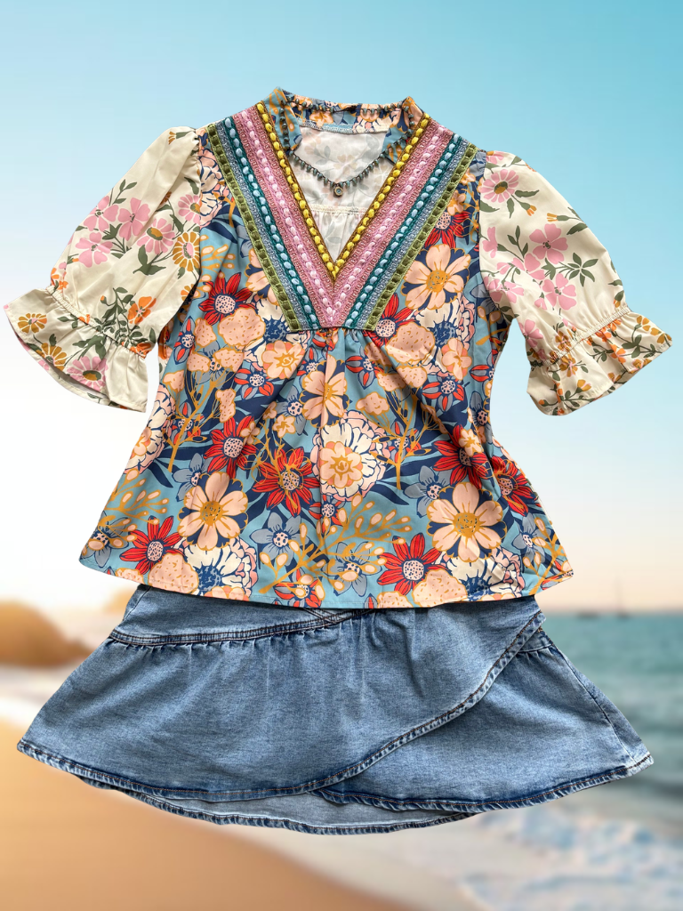 Sunset Bloom Crochet Trim Boho Blouse Flat Lay with Ruffle Denim Mini Skirt