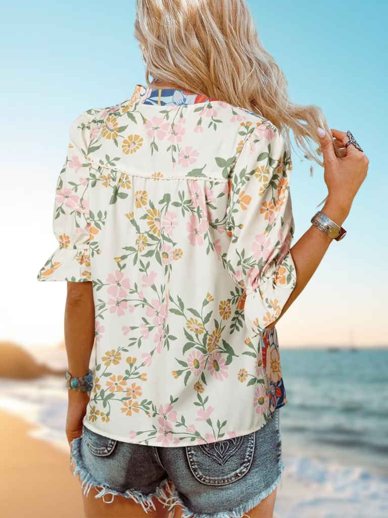 Sunset Bloom Crochet Trim Boho Blouse On Model Back View