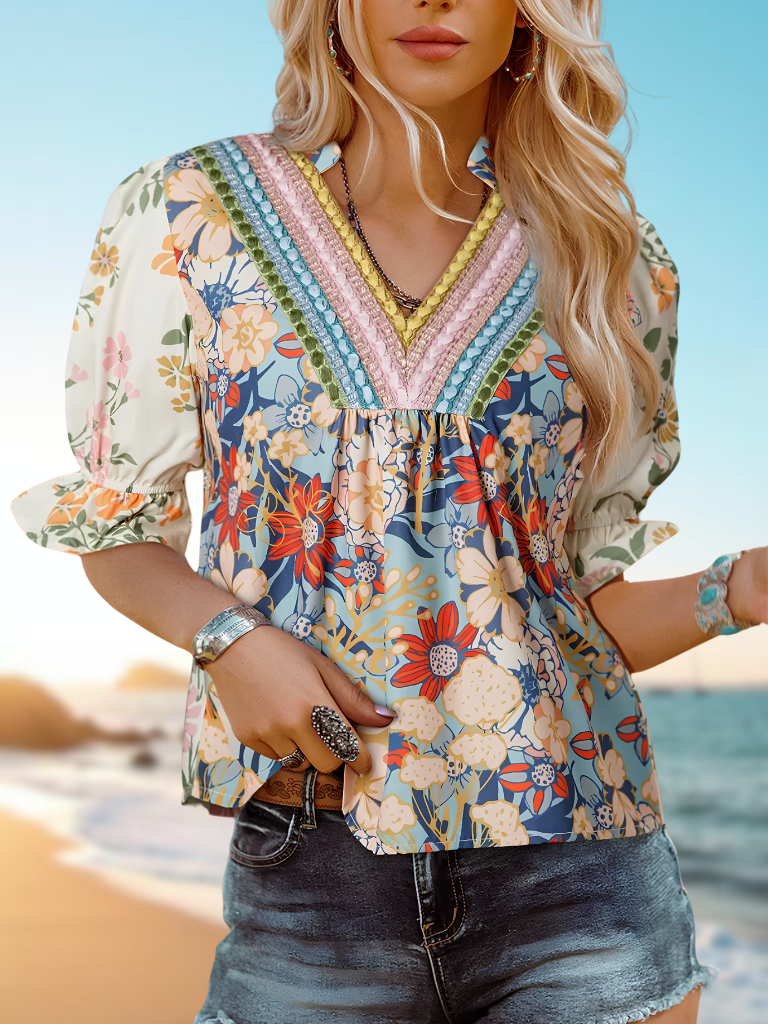 Sunset Bloom Crochet Trim Boho Blouse On Model Front View 