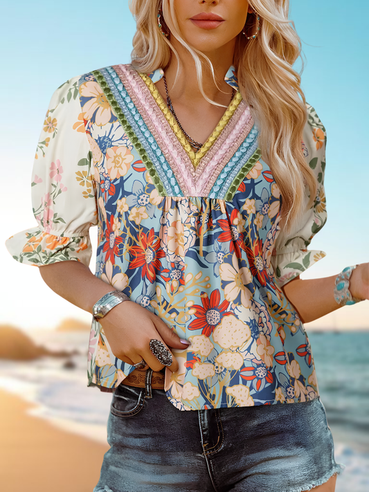 Sunset Bloom Crochet Trim Boho Blouse On Model Front View 