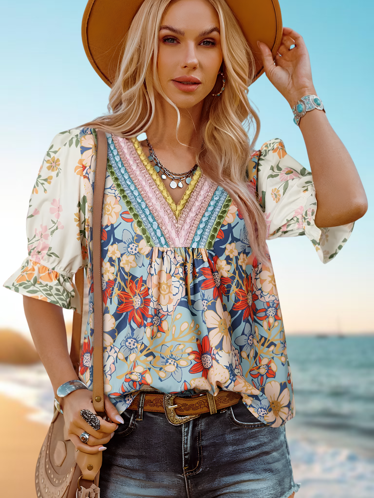 Sunset Bloom Crochet Trim Boho Blouse On Model Front View Wearing Cowboy Hat