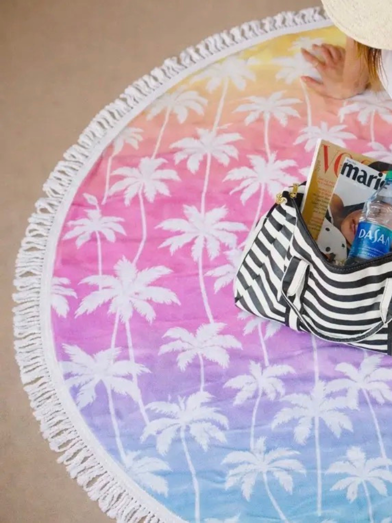 Sunset Palm Ombre Round Microfiber Beach Towel Left Side View