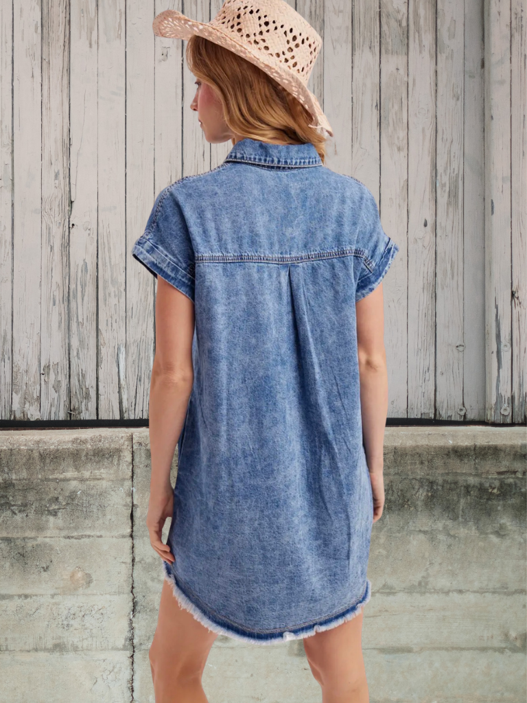 Sunwashed Boho Denim Button-Down Shirt Dress on Model, Back View.