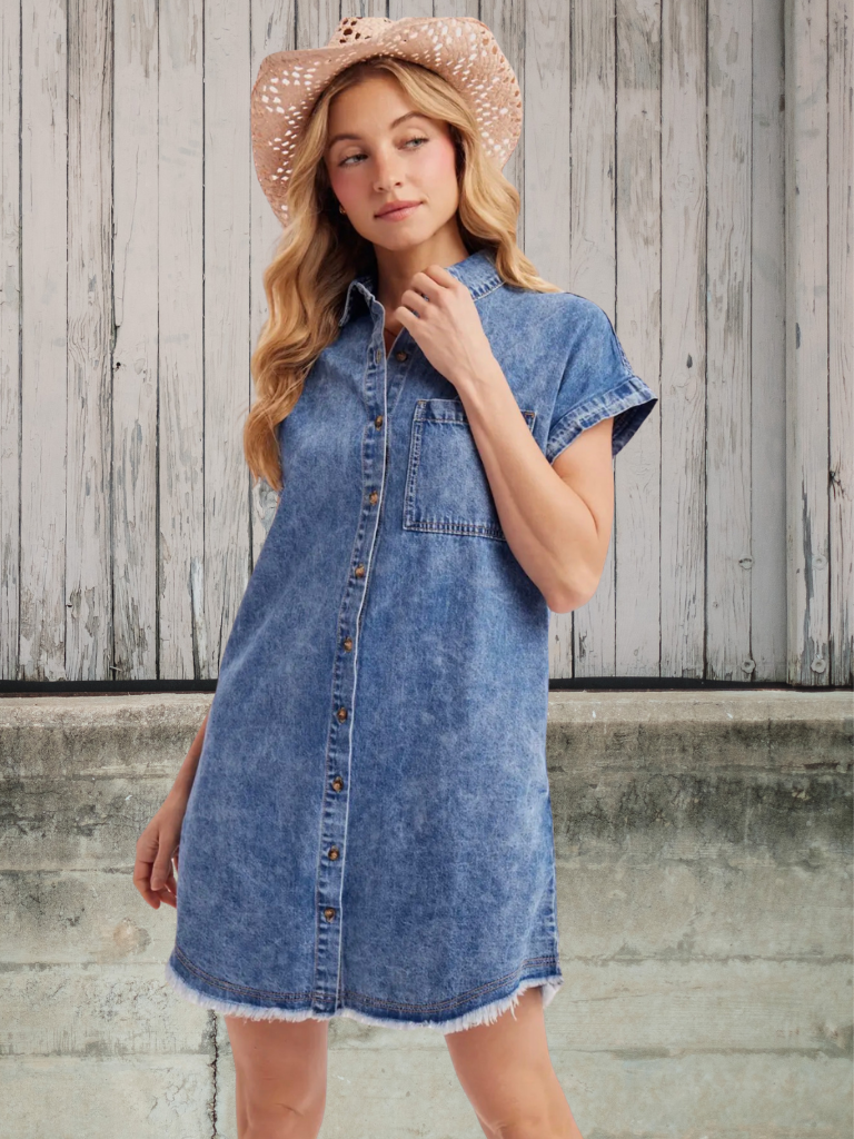 Sunwashed Boho Denim Button-Down Shirt Dress on Model, with Hand Touching Collar.