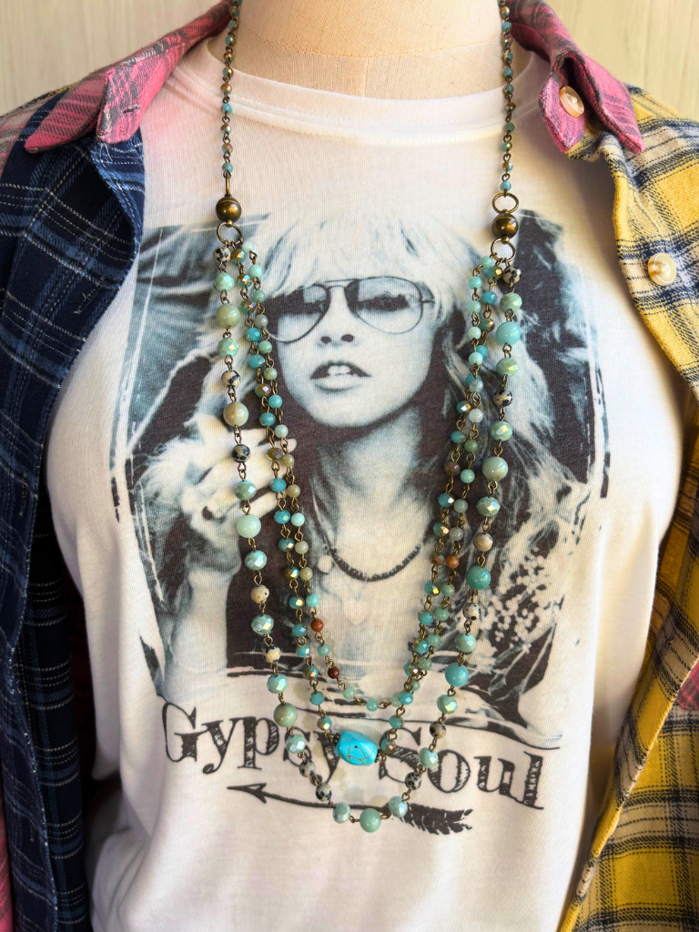 The Selena Necklace with Gypsy Soul Tee with Plaid Flannel Worn Long 