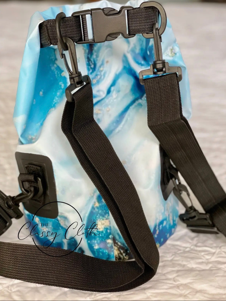Tranquil Waters Waterproof 5L Dry Bag, Back View Showing Backpack Style Removable Straps and Top Clip