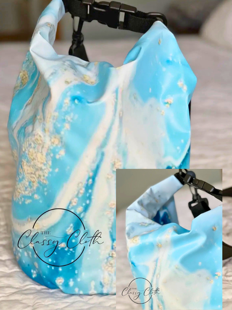 Tranquil Waters Waterproof 5L Dry Bag Showing Front View and Close Up of Clips