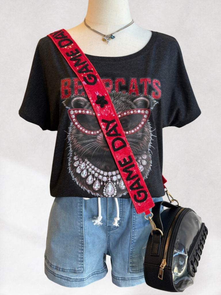 Uptown Glam UC Bearcat Scoop Neck Tee on Form in the weekend wanderer shorts our football shaped stadium back and sequin / beaded purse strap