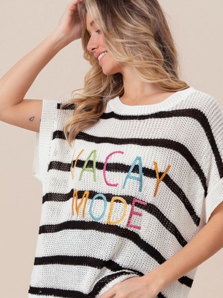 Vacay Mode Striped Drop Shoulder Sweater on Model Side View 