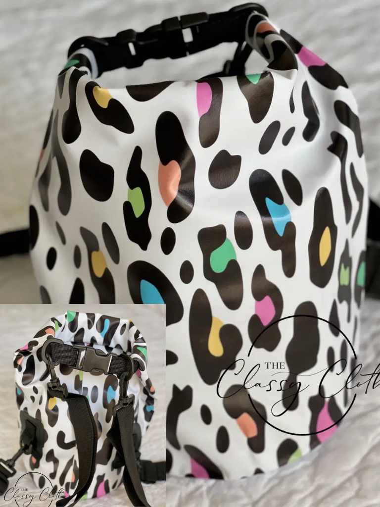 Vibrant Leopard Waterproof 5L Dry Bag Showing Front View and Back View.