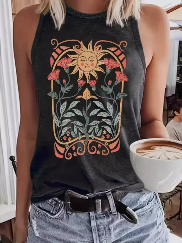 Vintage Sun with Floral Print Racerback Tank Front View on Model