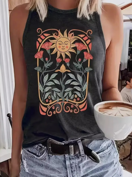 Vintage Sun with Floral Print Racerback Tank Front View on Model