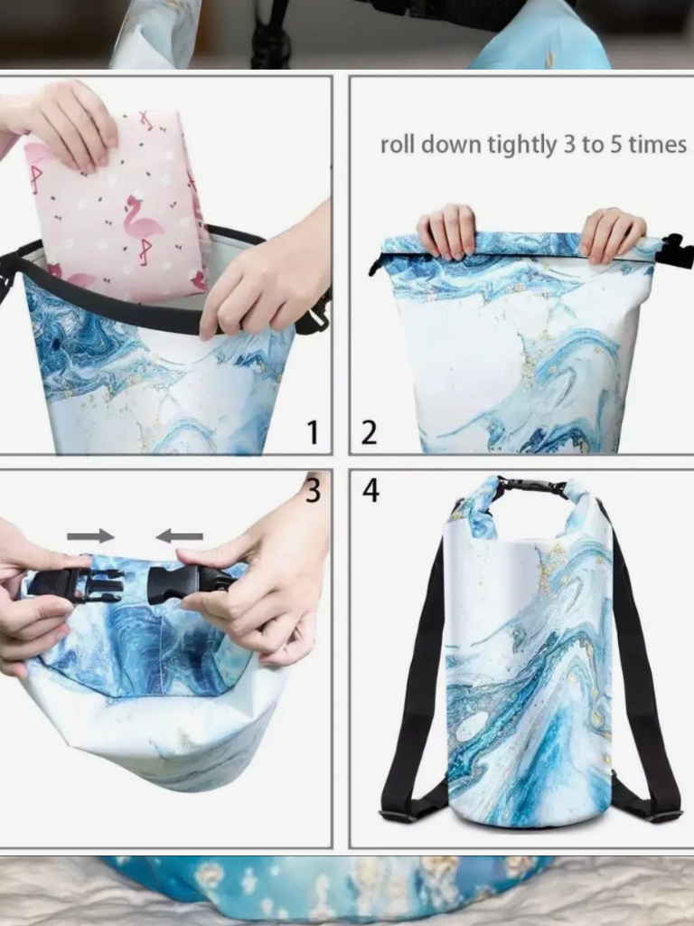 Step-by-step instructions on how to use the dry bag. 