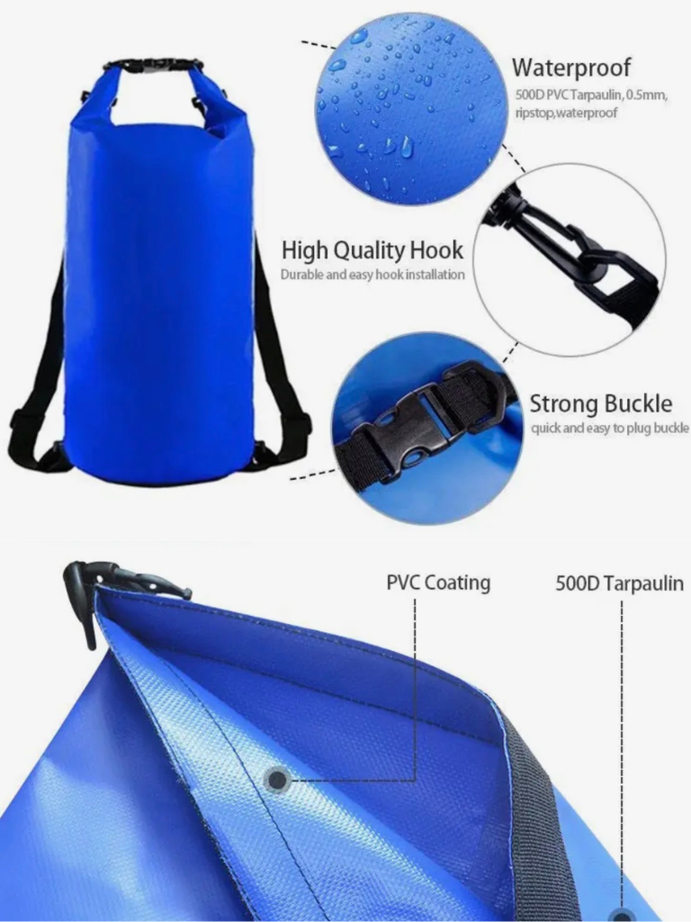 Waterproof bag with product features highlighted.