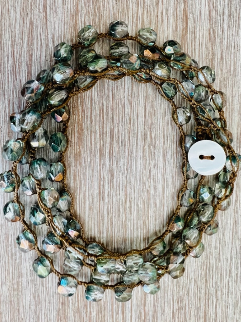 Sea Green and Grey Long Crystal Strand Necklace. Shown as a Bracelet