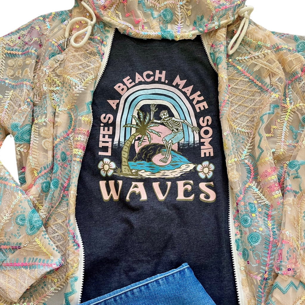 Front View Life's a Beach Make Some Waves with Sequined Hoodie
