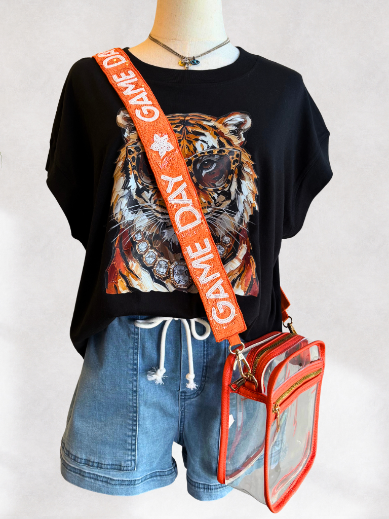 Who Dey Glam Tiger Tee on Form wearing the Weekend Wanderer Boat Shorts with a Stadium Purse and Beaded/ Sequin Strap